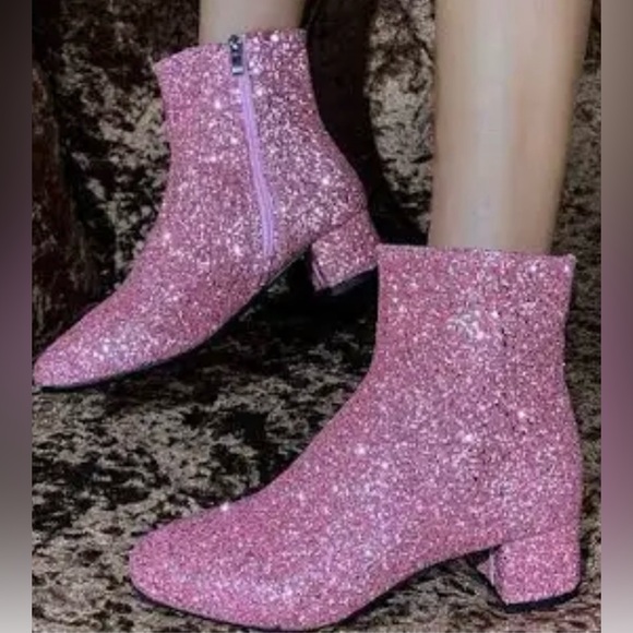 Shoes - NEW Women's Pink Ankle Boots Low Block Heel Glitter Bling Zip Size 40 US 9 9.5